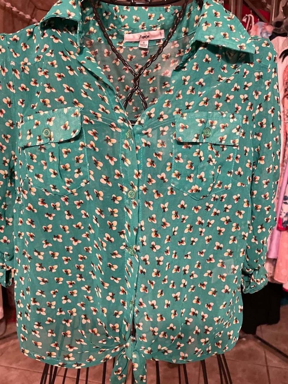 Green Floral Button-Up Tie Front Blouse